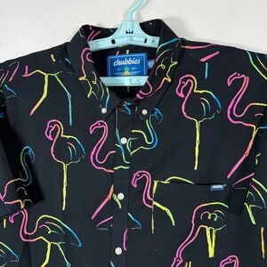 Chubbies Shirt Mens 2XL‎ Black Button Down Neon Flamingo Prep Beach Island